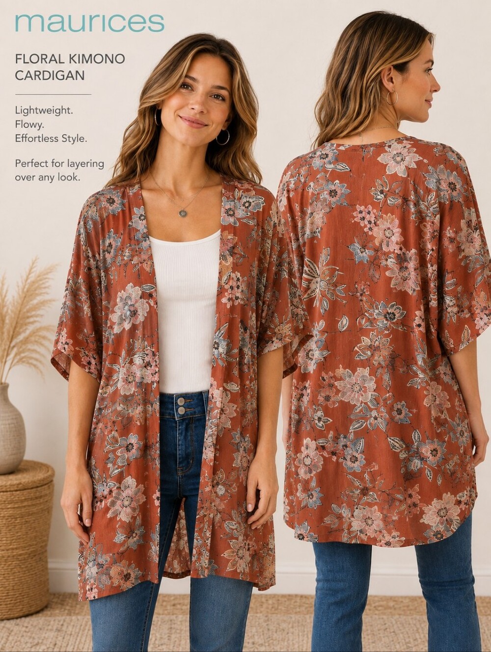 Maurices Floral Open Front Kimono Cardigan Rust Boho Lightweight Size XL